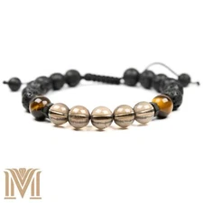 Handcrafted Lava, Tiger Eye, and Smoky Quartz Bead Bracelet - Adjustable Unisex