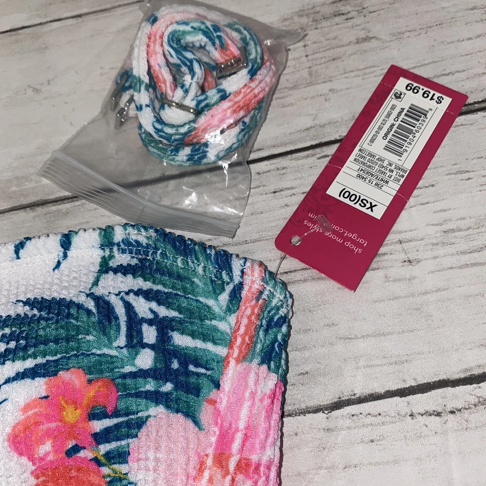 Xhilaration 比基尼上衣女式 XS 白色粉红色花卉抹胸全新游泳 XS — 第 2/4 张图片