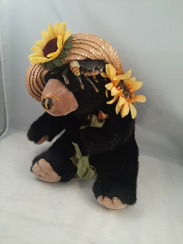 Orzek RARE Black Bear Plush Honey Pot Jar Bees Stuffed Animal Toy Straw Hat - 第 1/10 張圖片