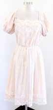 Vtg 70s Ivory Beige Tan Lace Illusion Puff Sleeve Dress Size 9 / S Bridal Retro