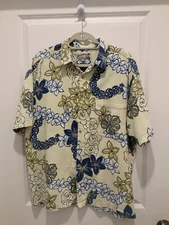 Local Motion Aloha Shirt Large S/S Button Casual Vacation Floral Tan Gold Blue