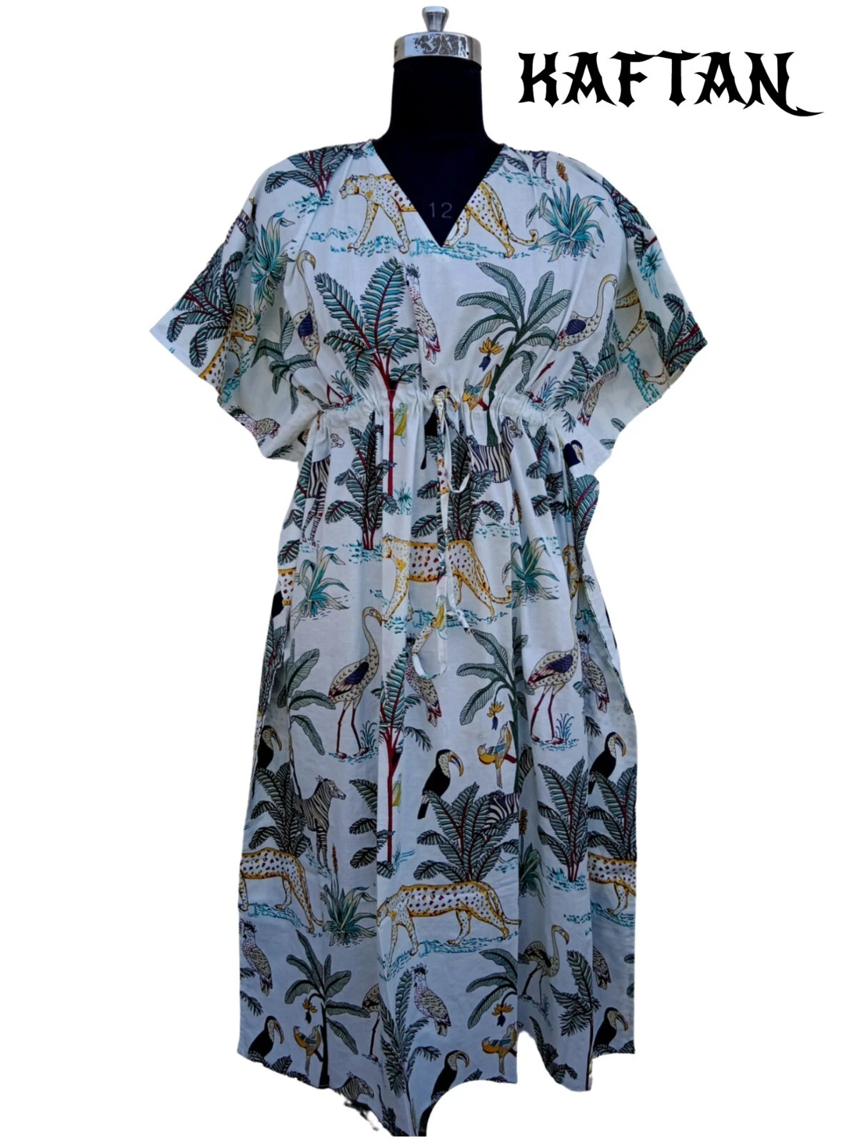 Indian Cotton White Tiger Printed Kaftan Dress Women's Clothing Kaftan Dress US