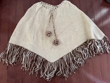 Vintage 70s Crochet Knit Poncho with Brown/Cream Fringe Boho Handmade Pom Pom  s