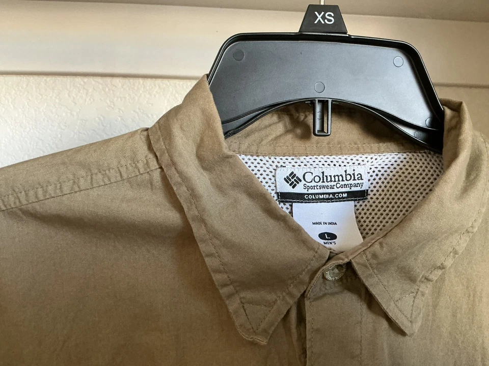 Columbia PFG Hombres Talla L Camisa Ventilada Mangas con Pestaña Enrollable 100% Algodón Caqui Tostado Foto 3 de 4