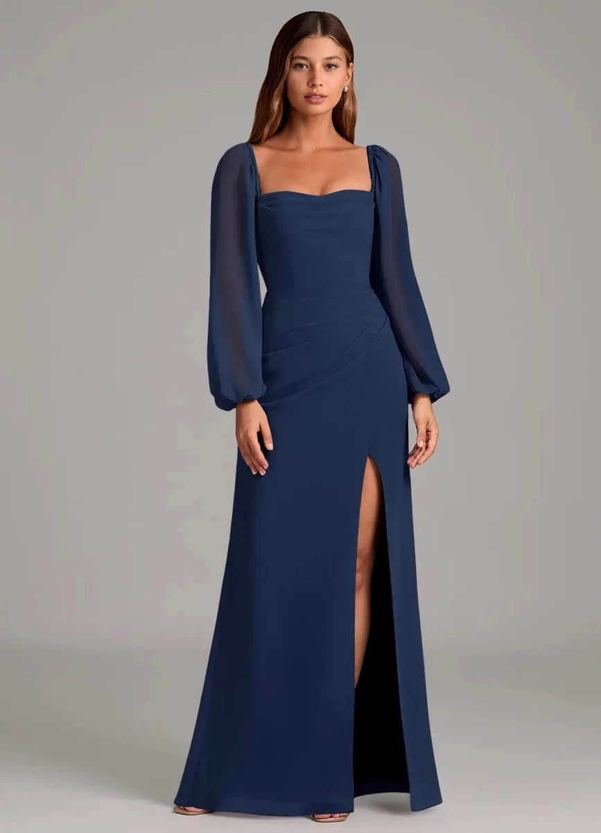 long sleeve blue bridesmaid dresses Tilda Long Sleeve Satin Bridesmaid Dress main image 1