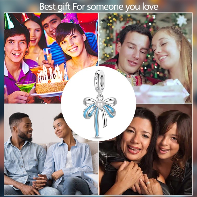 KUNSIR 925 Sterling Silver Charm Blue Bow Dangle Pendant For Bracelets Charm DIY