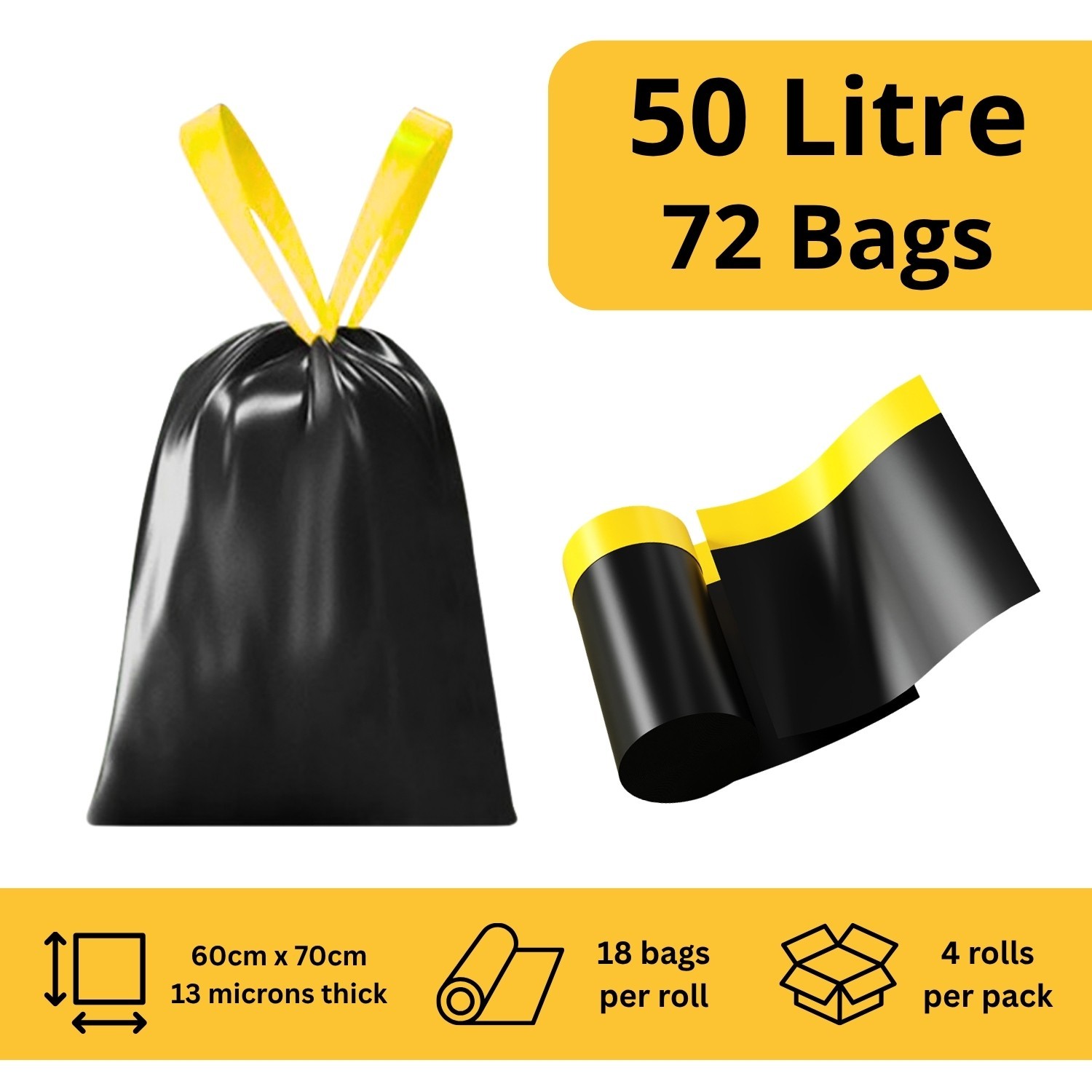 Drawstring Bin Liners 50L, 72 Black Bags (4 Rolls of 18), 13 Microns, 60 x 70 cm