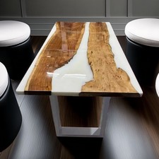 Custom Luxury Resin Slab ,Handmade Live Edge Wood White Epoxy River Table Top