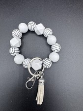 White Black Beaded Bracelet Keychain with Silver Tone Tassel Dangle Charm
