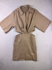Zara Beige Poplin Mini Dress Women’s Small Collared Side Cutout Shirt Dress