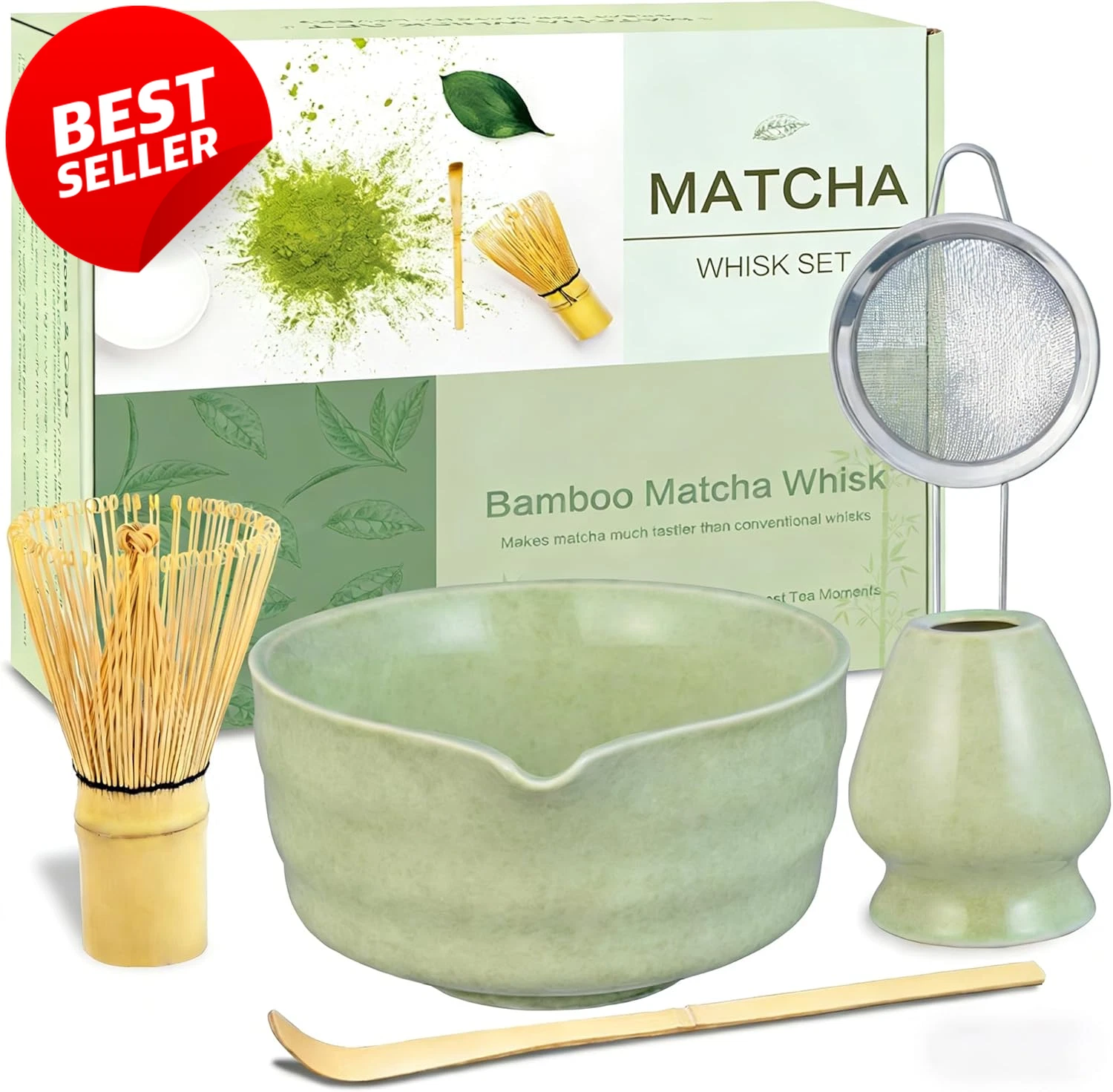 Matcha Whisk Set Ceramic Bowl Bamboo Chasen Holder Scoop Sifter Tea Kit - US