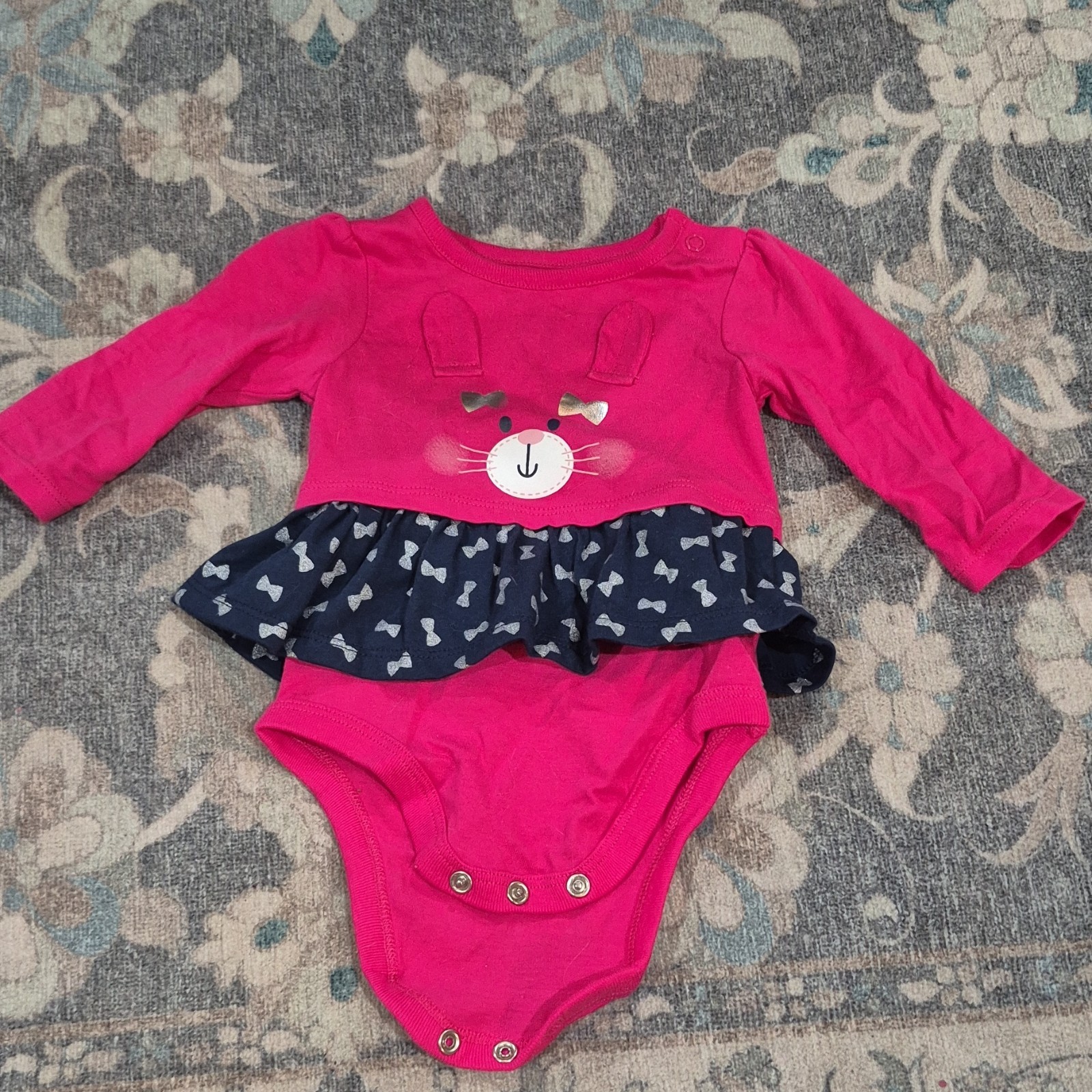 Garanimals 0-3 Months Cotton Pink Bunny Heart Bodysuit Long Sleeve Bow Ruffle