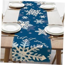 Winter Snowflake Blue Dining Table Runner, Let It Snow Burlap Kitchen