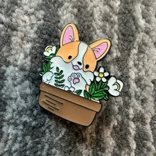 Enamel Pin Dog Cute Corgi Puppy Floral Pot Fun  Backpack Pup Funny Brooch New