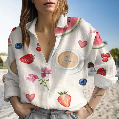 Cute Coffee And Fruit Blouse Shirt Strawberry Blueberry Watermelon Shirt