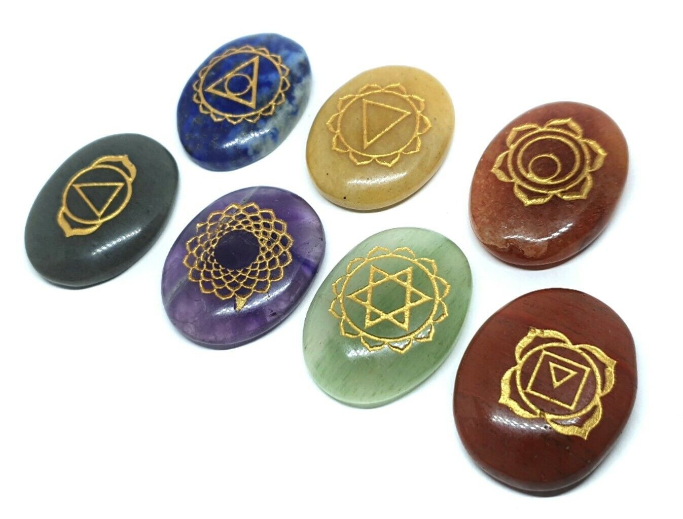 7 Chakra Set Carved Crystal Chakra Gemstone Set of 7 Genuine Gem Healing & Pouch