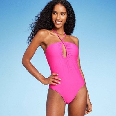 Shade & Shore Women's Halter Keyhole Bandeau One Piece Swimsuit - Pink Medium