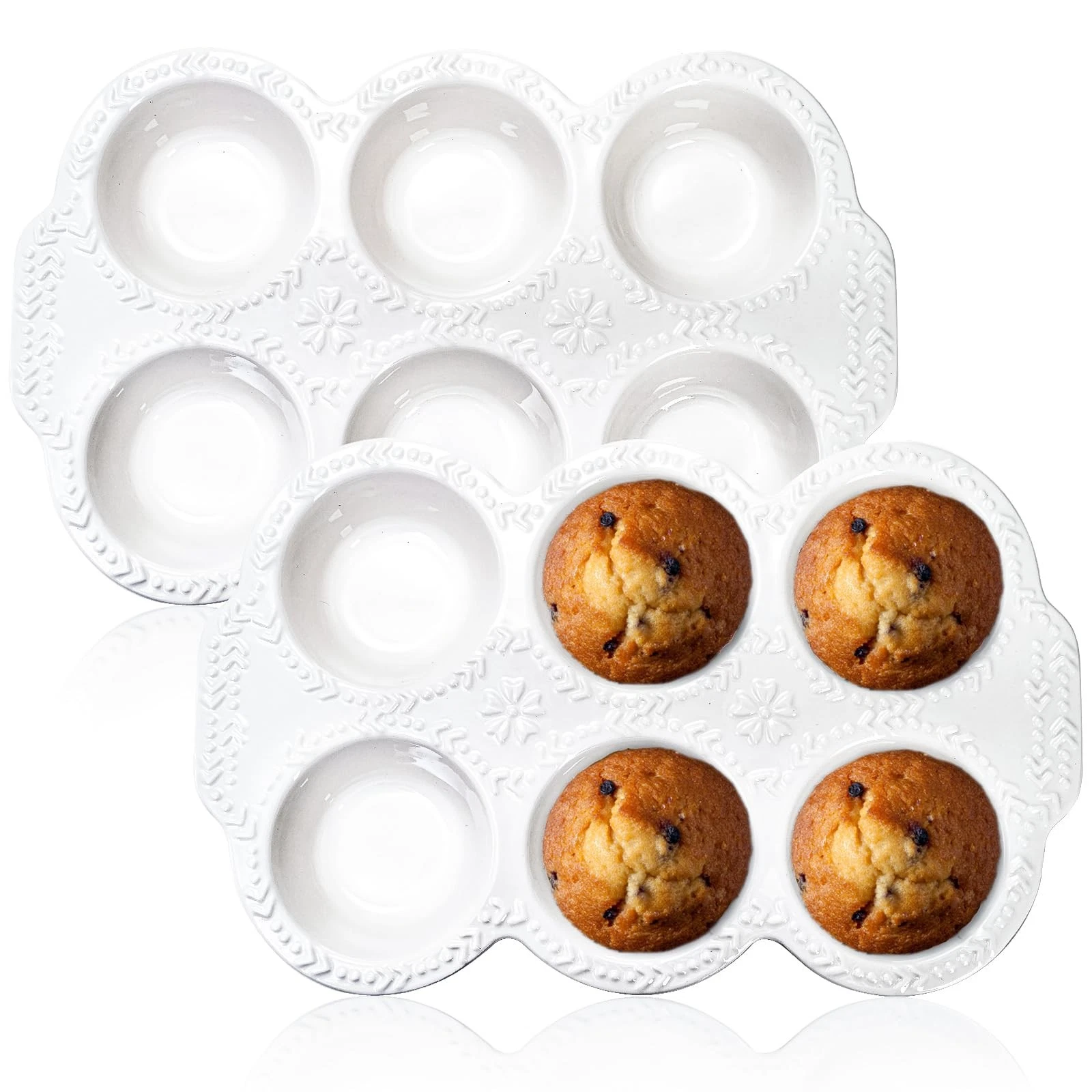 2 Pack 6-Cup Ceramic Muffin Pan, Nonstick Cupcake Baking Pans with Handle, Ce...