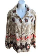 Chicos Zenergy Khaki Ikat Full Zip Lightweight Jacket Pockets Size 2 L