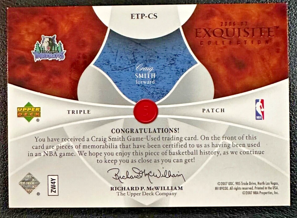 CRAIG SMITH 2006-07 UD Exquisite Collection Triple Patches Game-Used 07/10 - Image 2 of 2