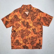 Vtg 60s Hawaiian Shirt Loop Collar Aloha Hawaii Map Island Orange Brown