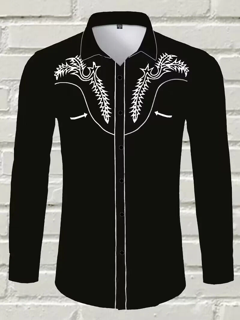 Vintage Prints Cowboy Style Long Sleeve Shirt Lapel Collar Button Up Shirt Black - Picture 1 of 3