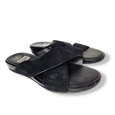 Fitflop Aix Black Perforated Nubuck Leather Slip On Slide Sandals Size 9 |  eBay