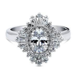 BERRICLE Rhodium Plated Sterling Silver Oval Cut Cubic Zirconia CZ Statement Halo Art Deco Cluster Engagement Ring 1.56 CTW