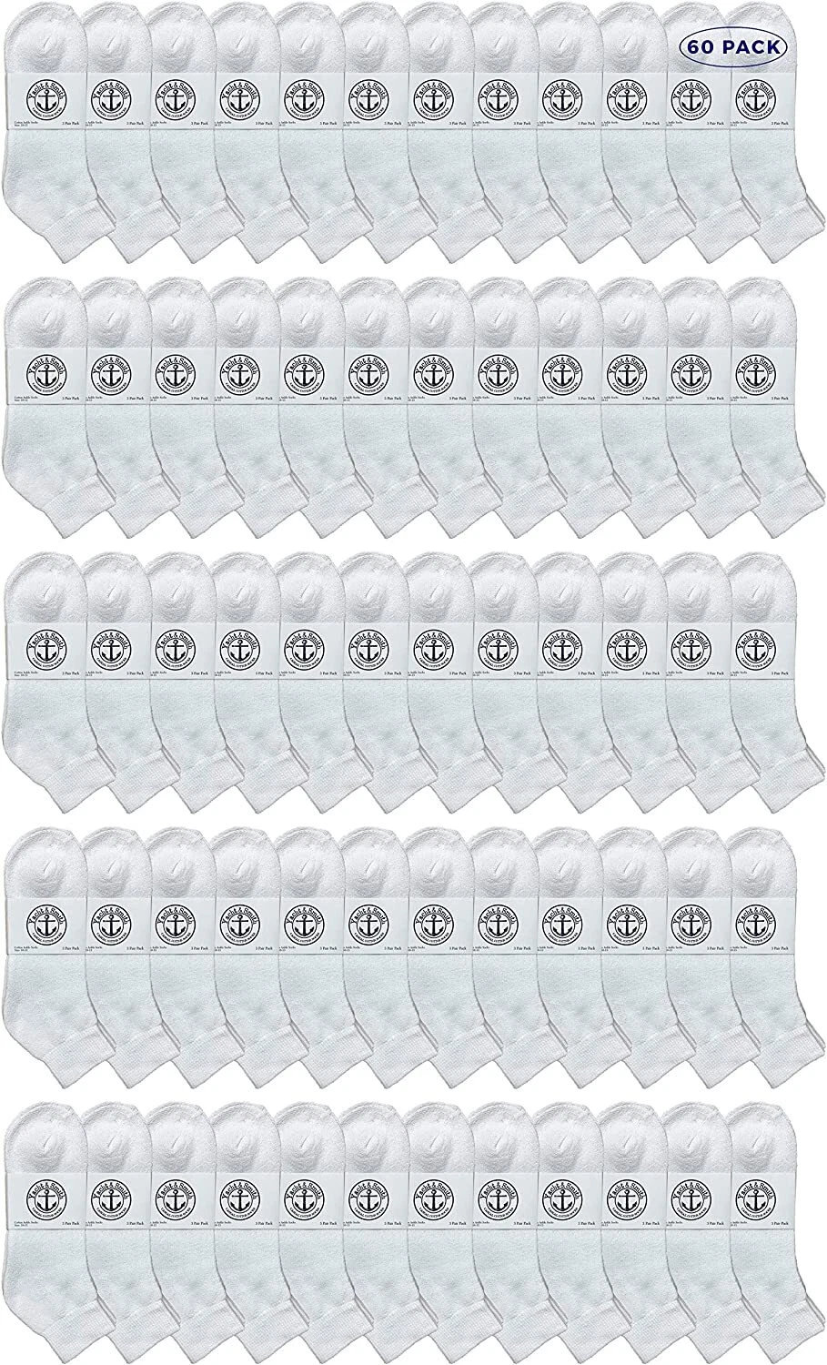 60 PK Men's Premium Cotton Sport Ankle Socks 10-13 Solid White - Ankle Sock