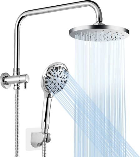 8" Rain Shower Head Set 2 in 1 Shower Rail Wall Mounted 9-Mode Handheld Spray
