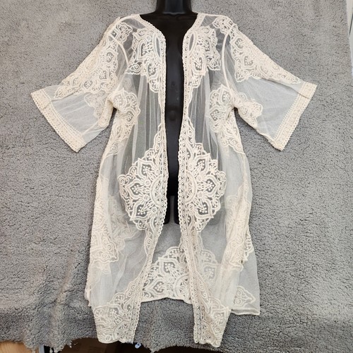 Boho Open Front Duster Cardigan Size L Embroidered Lace Mesh Cover Up - Picture 4 of 28