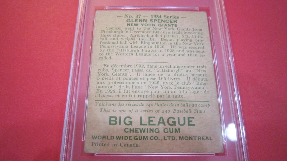 1934 World Wide Gum #37 Glenn Spencer PSA 2 - GOOD - Image 4 of 4