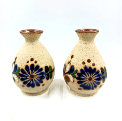 VTG. Tonala  Bud Vases Handmade 2 Sandstone Mexican /Painted Folk Art ~ J. Camde