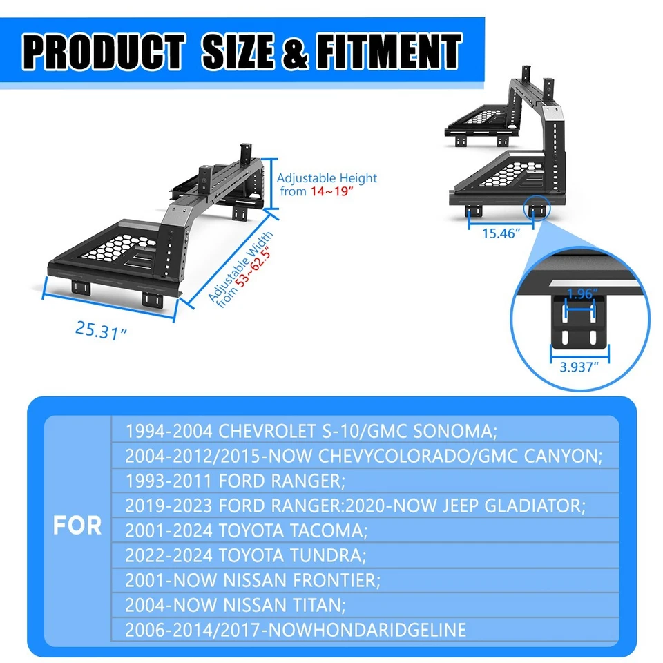 Universal Mid-Size Adjustable Roll Bar Bed Rack For Ford/Chevy/Toyota/Ram/GMC - Imagem 4 de 4