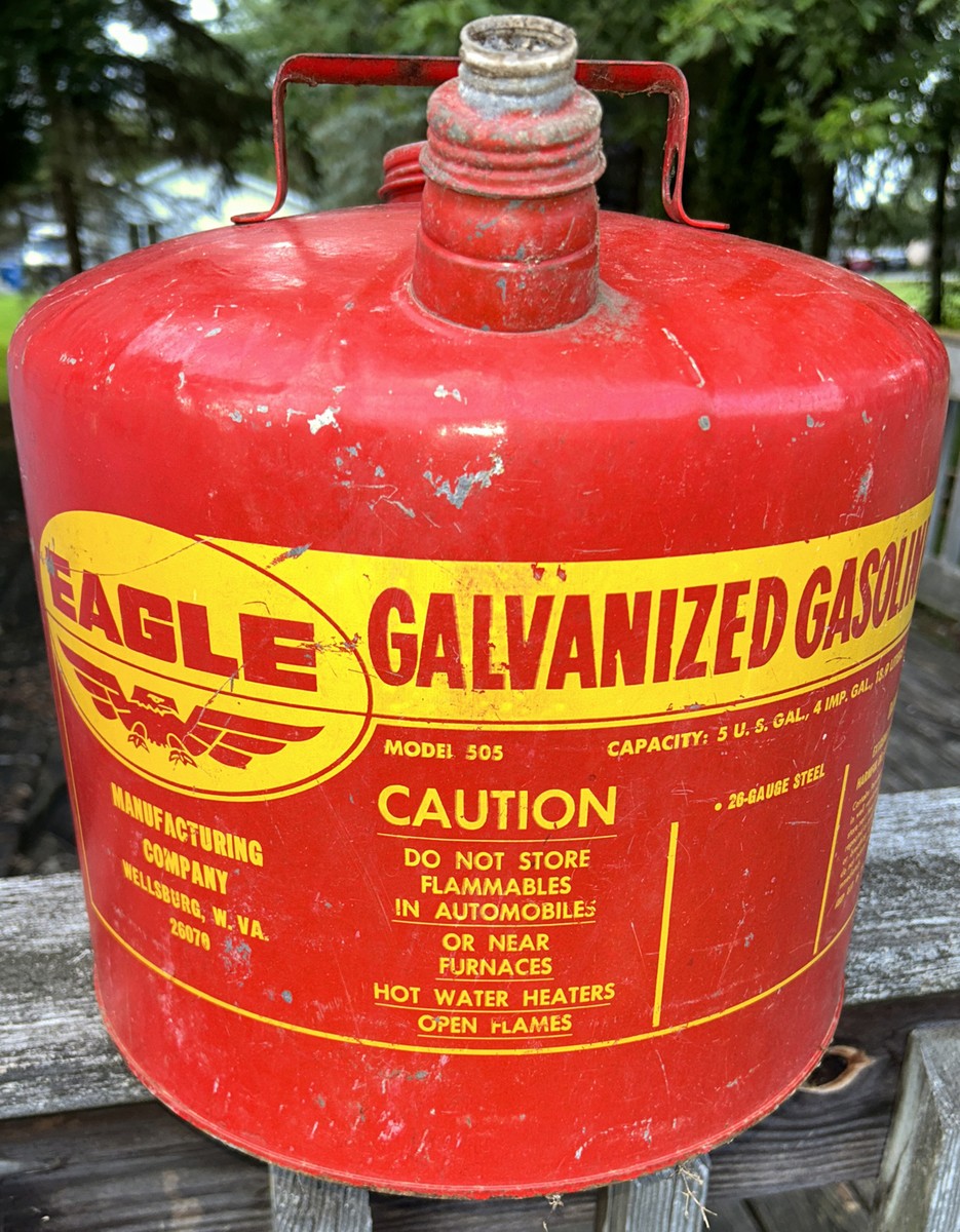 Eagle - Vintage Red & Yellow Metal 5 Gallon Galvanized Gas Can