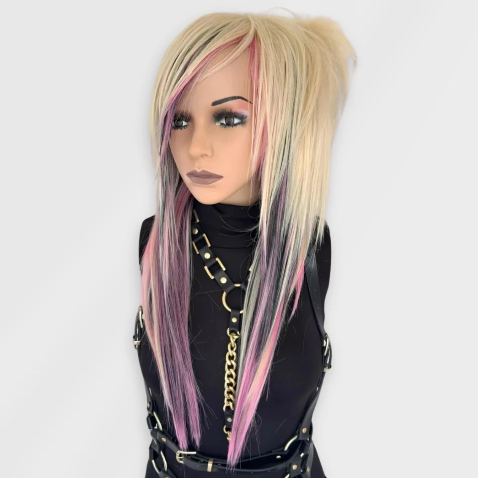 Peluca escena emo rubia rosa negra, peluca peluda de capa con flequillos laterales, peluca punk rockera Foto 4 de 4