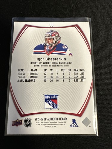 2021-22 Upper Deck SP Authentic Red limited Igor Shesterkin New York Rangers #36 - Picture 2 of 2