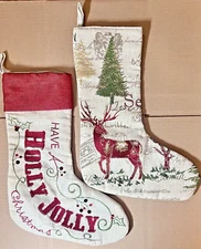 2 Christmas Stockings Embroidered Reindeer  "Holly Jolly" Linen Fabric by Domain