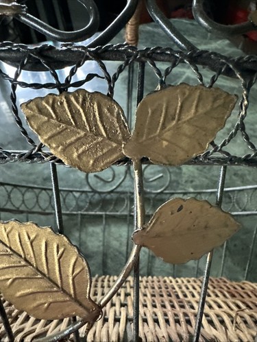 Vintage Basket Metal Leaf Handle Rustic French Inspired Wicker Seasonal Decor - Picture 12 of 14