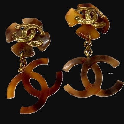 CHANEL Earrings AUTH Coco Mark ken Gold Flower CC Vintage tortoiseshell Logo Gp