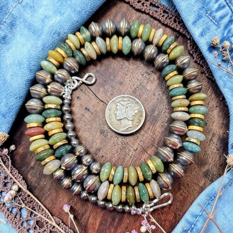 19" NAVAJO Pearl Native Bench Beads Southwest Gemstones Western Silver Necklace