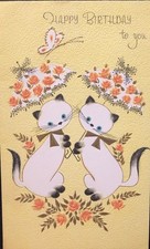 Vtg Birthday Card Adorable Siamese Kittens Holding Floral Parasols Gold Details