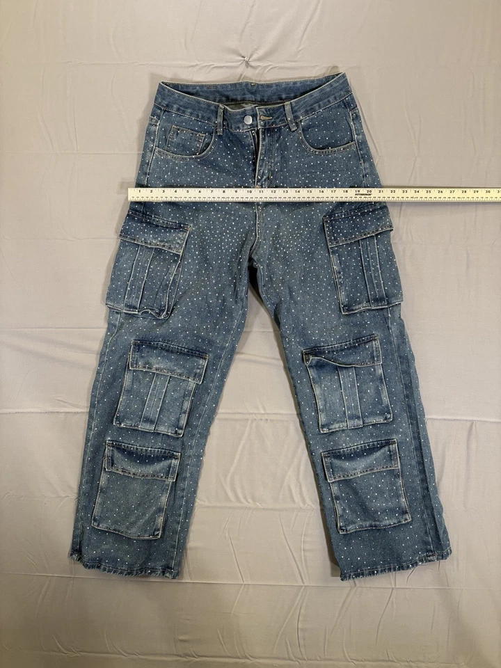 Pantalones de mezclilla informales para mujer con bolsillos y diamantes de moda talla: grande Foto 3 de 4