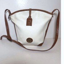 Stone Mountain Vtg Leather Crossbody Bag White Brown USA Made Adjustable Strap