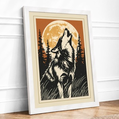 Wolf unter dem Mond rustikal gerahmter Wandkunstdruck Wohndeko fertig zum Aufhängen
