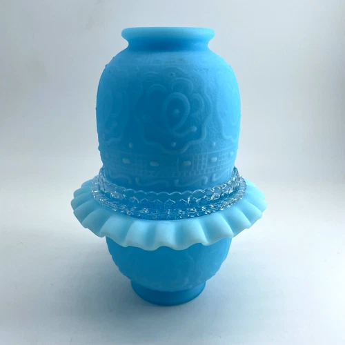 Fenton Blue Satin Glass Rose Persian Medallion Fairy Lamp Light 3 Pc Set