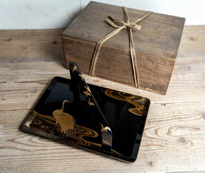 Antique Gold Lacquer Crane Dish Meiji 30cm (11.8in) Japan