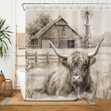 Highland Cow Shower Curtain Farmhouse Bathroom Shower Curtain Set Rustic Show...