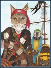 Pirate Cat, Yo Ho, Sea fairing feline, with parrot, cards, prints, Item 0560