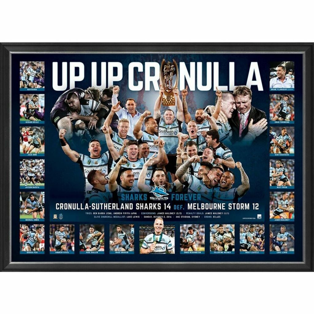 CRONULLA SHARKS 2016 PREMIERS FRAMED NRL SPORTS PRINT GALLEN BARBA THURSTON BIRD